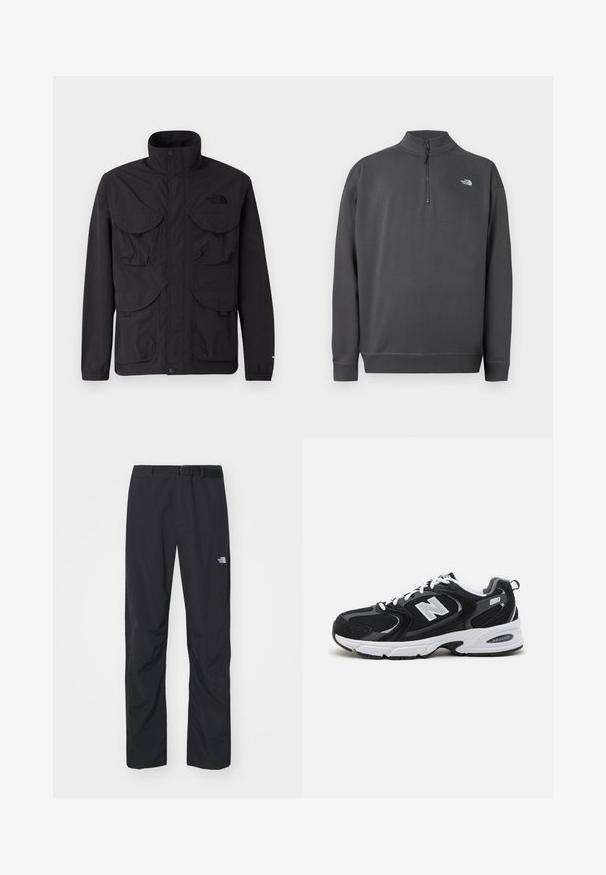 Chaqueta negra de tejido ligero, con un cuello alto, cuatro bolsillos frontales y cierres a presión. Acentuada con un logo en el pecho.; Jersey de manga larga gris oscuro con cuello de cremallera cuarto y pequeño logo blanco de The North Face en el pecho izquierdo.; The North Face ABUKUMA PANT - Pantalones - black; Zapatillas deportivas en negro y gris con parte superior de malla y ante, que cuentan con una entresuela blanca, cordones y un llamativo logo "N" en el lateral.