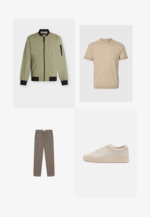 Veste bomber vert olive clair avec col, poignets, ourlet noirs, fermeture éclair avant, deux poches latérales et poche zippée sur la manche gauche.; Pull beige à manches courtes avec un col rond, des poignets côtes et une texture subtile. Tissu tricoté lisse avec ourlet droit et un minimum de détails.; Les Deux COMO TAPERED DRAWSTRING PANTS - Pantalon classique - bungee cord; Baskets en cuir beige avec un bout rond, des lacets plats, des détails perforés sur les côtés et une semelle en caoutchouc épaisse et texturée. Doublure en cuir naturel.
