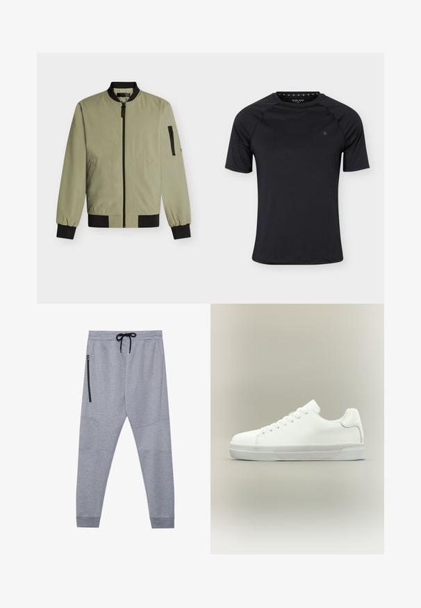 Veste bomber vert olive clair avec col, poignets, ourlet noirs, fermeture éclair avant, deux poches latérales et poche zippée sur la manche gauche.; T-shirt de sport noir à manches courtes avec col rond et petit logo sur la poitrine gauche, présenté sur un fond clair uni.; Pantalons de jogging gris en tissu doux avec taille élastique à cordon, jambes fuselées et poche zippée sur le côté pour un rangement sécurisé.; Baskets basses blanches à lacets, doté d'un col rembourré et d'une semelle en caoutchouc texturée, présentées de profil sur un fond neutre.
