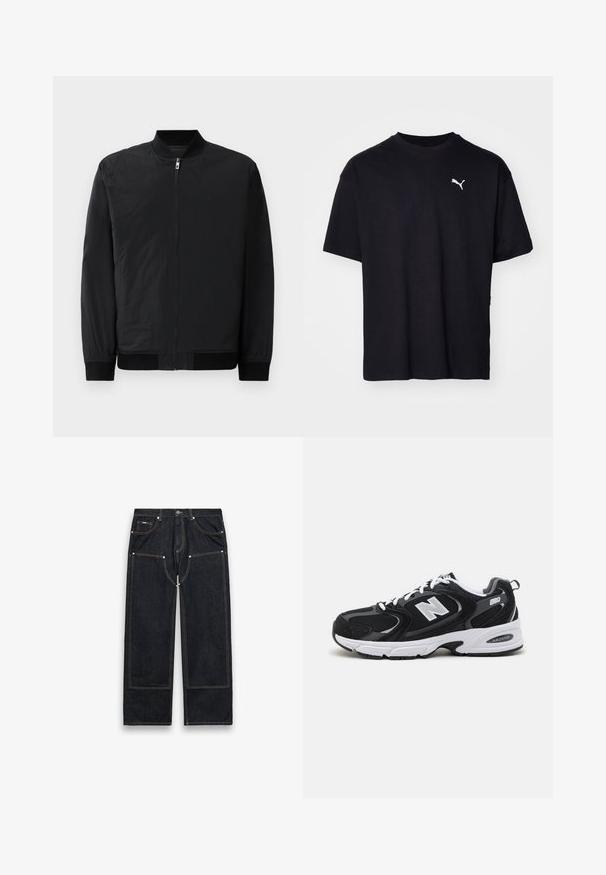 Veste bomber noire avec fermeture éclair, poignets côtelés et tissu lisse, léger avec une finition mate.; T-shirt en coton noir à manches courtes, col rond, avec un logo Puma blanc sur le côté supérieur gauche de la poitrine. Coupe classique, texture lisse.; Jean denim noir à jambes droites avec des renforts aux genoux, des coutures jaunes visibles, des poches avant et arrière, et une fermeture à bouton à la taille.; Baskets de sport noires et grises avec un tige en mesh et en suède, présentant une semelle intermédiaire blanche, des lacets et un logo "N" audacieux sur le côté.