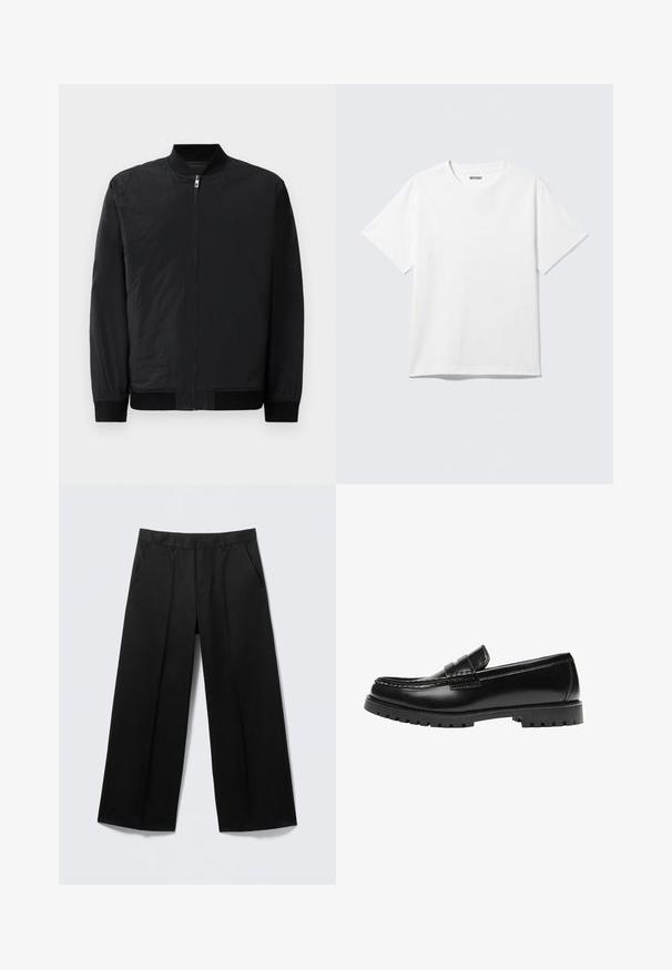 Veste bomber noire avec fermeture éclair, poignets côtelés et tissu lisse, léger avec une finition mate.; T-shirt blanc à manches courtes et col rond, étalé à plat, design uni, avec l'étiquette "WEEKDAY" à l'intérieur du col sur un fond clair.; Pantalon large noir avec passants pour ceinture, poches avant et fermeture éclair, présenté sur un fond gris clair.; Mocassin en cuir noir avec une semelle en caoutchouc épaisse et un détail classique de bride à monnaie, vu de côté extérieur.