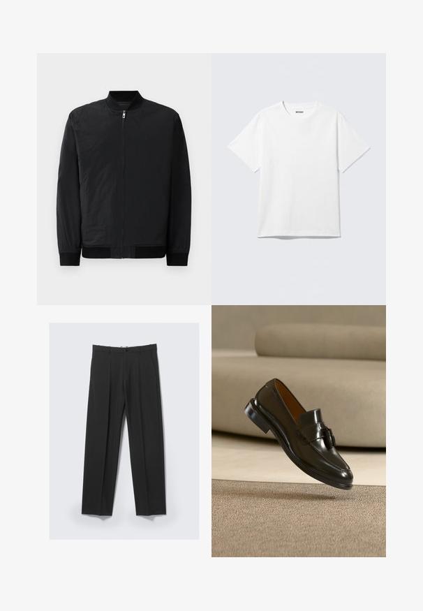 Chaqueta bomber negra con cierre de cremallera, puños acanalados y un tejido liso y ligero con un acabado mate.; Camiseta blanca de manga corta con cuello redondo, colocada plana, diseño liso, con etiqueta "WEEKDAY" en el interior del cuello sobre un fondo claro.; Pantalones negros a medida con pinzas delanteras, bolsillos laterales, trabillas para cinturón y cierre de botón en la cintura sobre un fondo claro.; Zapato mocasín de cuero negro con borlas flotando sobre una alfombra beige con un sofá beige al fondo.
