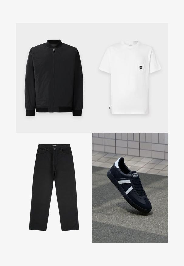 Veste bomber noire avec fermeture éclair, poignets côtelés et tissu lisse, léger avec une finition mate.; T-shirt en coton blanc avec encolure ronde, manches courtes et une poche poitrine ornée d'un patch logo noir. Texture lisse, coupe décontractée.; Jean noir à jambes droites avec cinq poches, fermeture par bouton et passants pour ceinture, taille 32.; Sneaker en cuir noir avec des rayures blanches, semelle en caoutchouc texturée et devant à lacets. Présente une étiquette de marque sur la languette.