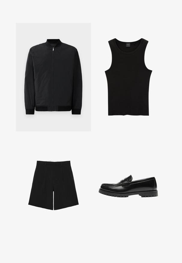 Schwarze Bomberjacke mit Reißverschluss, gerippten Bündchen und einem glatten, leichten Stoff mit matter Oberfläche.; Schwarzes, geripptes Tanktop mit rundem Halsausschnitt und weiten Armausschnitten, aus einem weichen, dehnbaren Stoff. Marke: Pull&Bear.; Schwarze, maßgeschneiderte Shorts mit Gürtelschlaufen, vorderen Falten und Seitentaschen, flach auf einem weißen Hintergrund liegend.; Schwarzer Leder-Slipper mit dicker Gummisohle und klassischem Penny-Detail an der Riemen, von der Außenseite gezeigt.