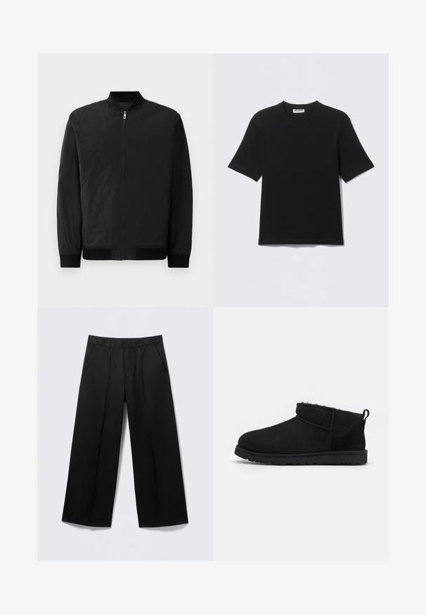 Veste bomber noire avec fermeture éclair, poignets côtelés et tissu lisse, léger avec une finition mate.; T-shirt noir à manches courtes avec col rond, portant une étiquette "WEEKDAY" à l'intérieur du col, présenté à plat sur un fond clair.; Pantalon large noir avec passants pour ceinture, poches avant et fermeture éclair, présenté sur un fond gris clair.; Bottines noires en daim avec une doublure douce et texturée, une semelle en caoutchouc basse et une languette à l'arrière pour un enfilage facile.