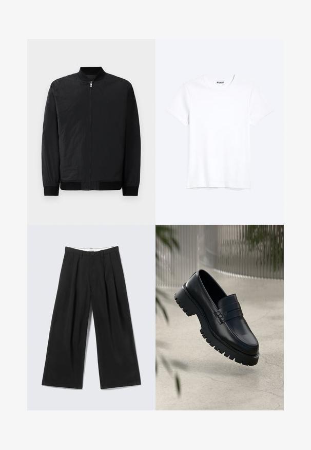 Chaqueta bomber negra con cierre de cremallera, puños acanalados y un tejido liso y ligero con un acabado mate.; Camiseta blanca lisa de cuello redondo y manga corta con una etiqueta visible de la marca WEEKDAY en el cuello, mostrada sobre un fondo claro.; Pantalones anchos negros con pliegues, trabillas para cinturón y cierre de botón, mostrados sobre un fondo gris claro.; Mocasines de cuero negro con suela gruesa, que presentan una correa decorativa y detalles de costura. Textura suave con un acabado pulido.