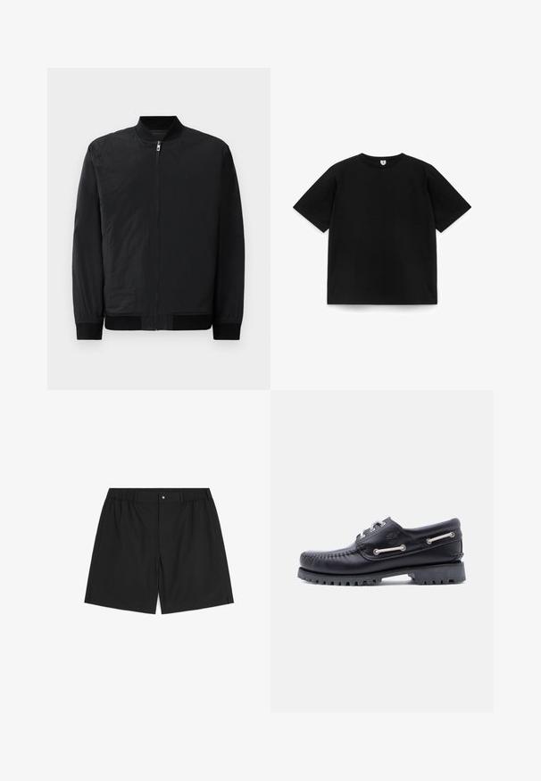 Chaqueta bomber negra con cierre de cremallera, puños acanalados y un tejido liso y ligero con un acabado mate.; Camiseta negra de manga corta con cuello redondo, plana sobre un fondo blanco, mostrando la vista frontal sin logotipos ni diseños visibles.; Pantalones cortos negros de hombre con cintura elástica, cierre de botón y trabillas para cinturón, colocados planos sobre un fondo blanco.; Zapato náutico de cuero negro con costuras, suela de goma antideslizante y ojales metálicos con cordones blancos. Logo destacado en el lateral.