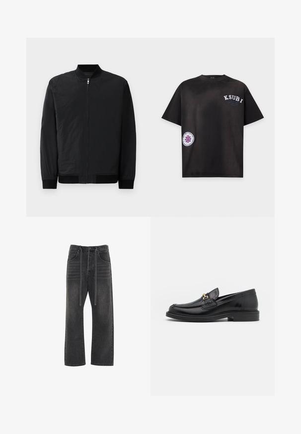 Veste bomber noire avec fermeture éclair, poignets côtelés et tissu lisse, léger avec une finition mate.; T-shirt noir à manches courtes avec le texte KSUBI en haut à gauche et un patch circulaire violet et blanc près du bas à gauche.; Jean noir en denim avec une coupe droite, doté d'une taille haute, de deux poches avant et de cordons de serrage réglables à la taille.; Mocassins en cuir noir avec un embout rond, présentant des accents en métal doré et des détails de couture, montés sur une semelle en caoutchouc texturé et basse.
