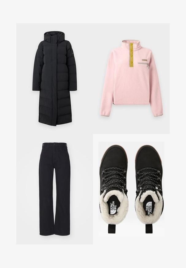 Sort lang pufferjakke med hætte, med en quiltet design, fuld lynlås foran og sidesømme. Lavet af et glat, vandafvisende materiale.; Lyserød fleecepullover med høj krave, fire gule knapper, en grå lynlåslomme og elastisk kant ved kant og ærmer.; Sorte højtaljede bredbenede jeans med frontknap og lynlås, bæltestropper og to forlommer på hvid baggrund.; Sorte vandtætte ankelstøvler med for af faux pels, tekstureret stof, snørebånd med hvidt og sort mønster samt en løkker ved hælen.