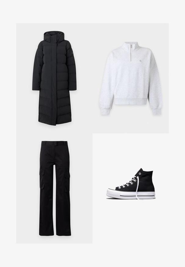 Abrigo largo negro tipo plumón con capucha, con un diseño acolchado, cremallera frontal completa y costuras laterales. Fabricado con un material suave y resistente al agua.; Sudadera gris claro de manga larga con media cremallera y cuello alto, puños y bajo acanalados, diseño liso con pequeño logo en el pecho.; Pantalones cargo negros fabricados con un material duradero, que cuentan con dos bolsillos laterales y un diseño de pierna recta. Textura suave con un ajuste clásico.; Zapatilla alta de lona negra con suela de goma blanca y cordones blancos, vista de lado sobre un fondo blanco.