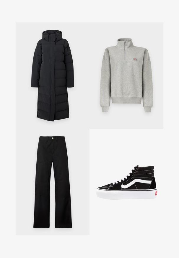 Sort lang pufferjakke med hætte, med en quiltet design, fuld lynlås foran og sidesømme. Lavet af et glat, vandafvisende materiale.; Lysegrå sweatshirt med kvart-lynlås, ribkant ved ærmer og kant, med en lille flerfarvet logopatch på venstre bryst.; Sorte bukser med høj talje og vide ben, udstyret med bæltestropper, en sølvfarvet knaplukning og synlige syningsdetaljer på frontpanelerne.; Sorte høj-top sneakers med hvide snørebånd, et hvidt logo og kontrasterende hvid syning. Har en tyk hvid sål og struktureret ruskindsoverdel.