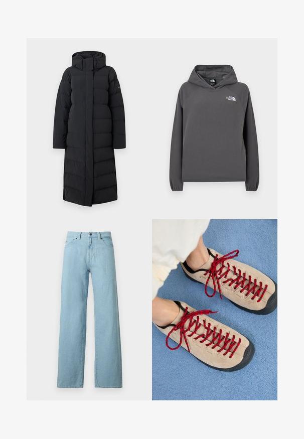 Sort lang pufferjakke med hætte, med en quiltet design, fuld lynlås foran og sidesømme. Lavet af et glat, vandafvisende materiale.; Grå hættetrøje i fleece med en afslappet pasform, ribbede ærmegab og en lille hvid logo på venstre bryst. Blød tekstur og enkelt design.; Lyseblå vidbenet denimjeans med frontknap, lynlås og design med fem lommer på hvid baggrund.; Beige sko med røde snørebånd, placeret på en blå tekstureret overflade, delvist synliggørende en persons ankel. Skoene har et sporty design.