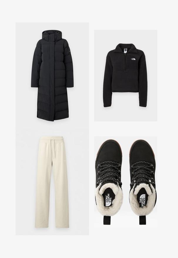 Schwarzer, langer Daunenmantel mit Kapuze, der ein gesteppte Design, einen durchgehenden Reißverschluss und seitliche Nähte aufweist. Hergestellt aus einem glatten, wasserabweisenden Material.; Schwarzer Fleece-Pullover mit Viertelreissverschluss, hohem Kragen und einer Brusttasche mit einem weißen Logo. Weicher Stoff und verkürzter Schnitt.; Beige Sweatpants mit weitem Bein, geripptem Kordelzugbund und dezentem Logo auf dem rechten Oberschenkel, auf einem schlichten Hintergrund präsentiert.; Schwarze wasserdichte Knöchelstiefel mit einem Futter aus Kunstfell, strukturiertem Stoff, weiß-schwarzem Muster für die Schnürsenkel und einer Schlaufe an der Ferse.