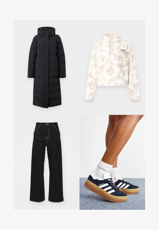 Sort lang pufferjakke med hætte, med en quiltet design, fuld lynlås foran og sidesømme. Lavet af et glat, vandafvisende materiale.; Flødefarvet og beige fleecetrøje med mønster, høj krave, trykknapper, lynlåslomme på brystet og Columbia-logo på lommen.; Svarte jeans med vide ben lavet af denim. Har kontrastfuld hvid syning, forlommer og en knaplukning i taljen.; Ben iført hvide sokker og sorte Adidas Gazelle sneakers med hvide striber og tykke brune såler på et gråt tæppe.