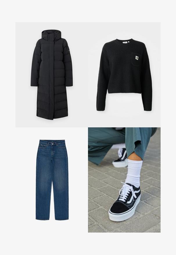 Sort lang pufferjakke med hætte, med en quiltet design, fuld lynlås foran og sidesømme. Lavet af et glat, vandafvisende materiale.; Sort ribbenstrikket sweater med rund hals, lange ærmer og en frontlomme med et lille logo patch. Forkortet længde.; Mørkeblå denimjeans med lige pasform, der har en knaplukning, to forlommer og klassiske syninger.; Sorte ruskinds sneakers med hvide accenter og snørebånd, der har en tyk hvid sål og kontrasterende syninger, parret med en hvid sok.