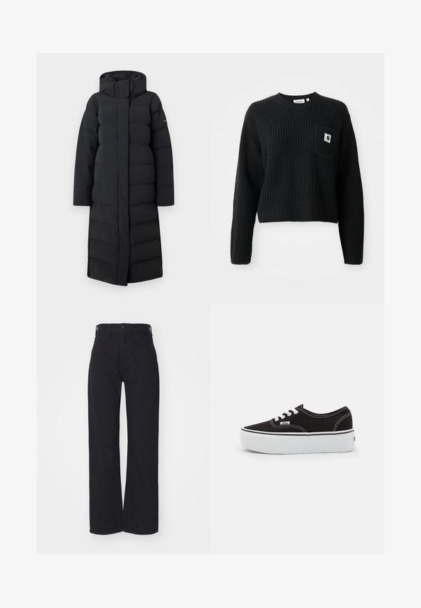 Sort lang pufferjakke med hætte, med en quiltet design, fuld lynlås foran og sidesømme. Lavet af et glat, vandafvisende materiale.; Sort ribbenstrikket sweater med rund hals, lange ærmer og en frontlomme med et lille logo patch. Forkortet længde.; Sorte højtaljede bredbenede jeans med frontknap og lynlås, bæltestropper og to forlommer på hvid baggrund.; Sort lærred sneakers med en hvid gummi platform sål, der har hvide snørebånd og syninger, ikonisk branding på siden, lav-top design.