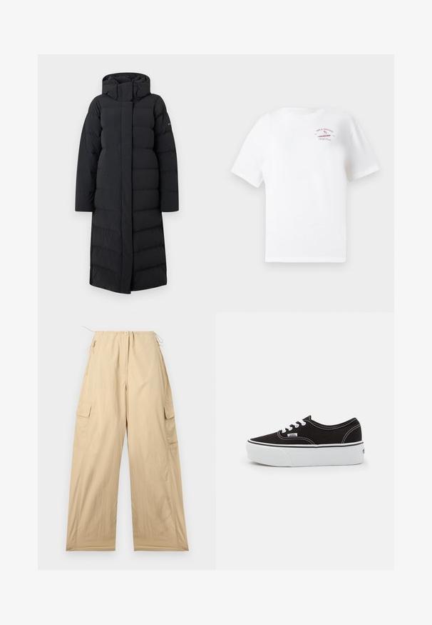 Schwarzer, langer Daunenmantel mit Kapuze, der ein gesteppte Design, einen durchgehenden Reißverschluss und seitliche Nähte aufweist. Hergestellt aus einem glatten, wasserabweisenden Material.; Weißes T-Shirt mit kurzen Ärmeln, das ein kleines rotes Logo "Billabong Surf Club 1973" und eine Surfergrafik auf der oberen linken Brust zeigt.; Beige Cargo-Hosen mit lockerer Passform, ausgestattet mit einem Kordelzugbund, zwei Seitentaschen und einem glatten, leichten Material.; Schwarze Leinensneaker mit einer weißen Gummiplattformsohle, weißen Schnürsenkeln und Nähten, ikonischer Markenaufdruck an der Seite, im Low-Top-Design.