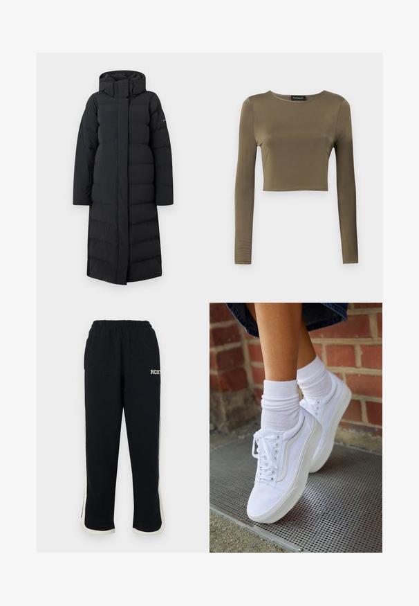 Sort lang pufferjakke med hætte, med en quiltet design, fuld lynlås foran og sidesømme. Lavet af et glat, vandafvisende materiale.; Oliven grøn, langærmet cropped top i et glat, strækbart stof; har en rund halsudskæring og en skræddersyet pasform med færdige kanter.; Sorte sweatpants med elastisk talje, hvide sidelister og et lille logo på forsiden. Fremstillet af et blødt, tekstureret stof.; Hvide lærreds sneakers med gummisåler, der har seks snørehuller, rund tå og let sømdetaljer, krydret med hvide ankelstrømper.