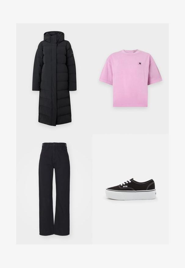 Abrigo largo negro tipo plumón con capucha, con un diseño acolchado, cremallera frontal completa y costuras laterales. Fabricado con un material suave y resistente al agua.; Camiseta de algodón rosa con mangas cortas, cuello redondo y un pequeño parche con logo en el área del pecho izquierdo. Textura suave y ajuste relajado.; Vaqueros amplios de talle alto en negro, con cierre frontal de botón y cremallera, trabillas para cinturón y dos bolsillos frontales, sobre un fondo blanco.; Zapatilla de lona negra con suela de plataforma de goma blanca, que presenta cordones y costuras blancas, con branding icónico en el lateral, diseño de corte bajo.