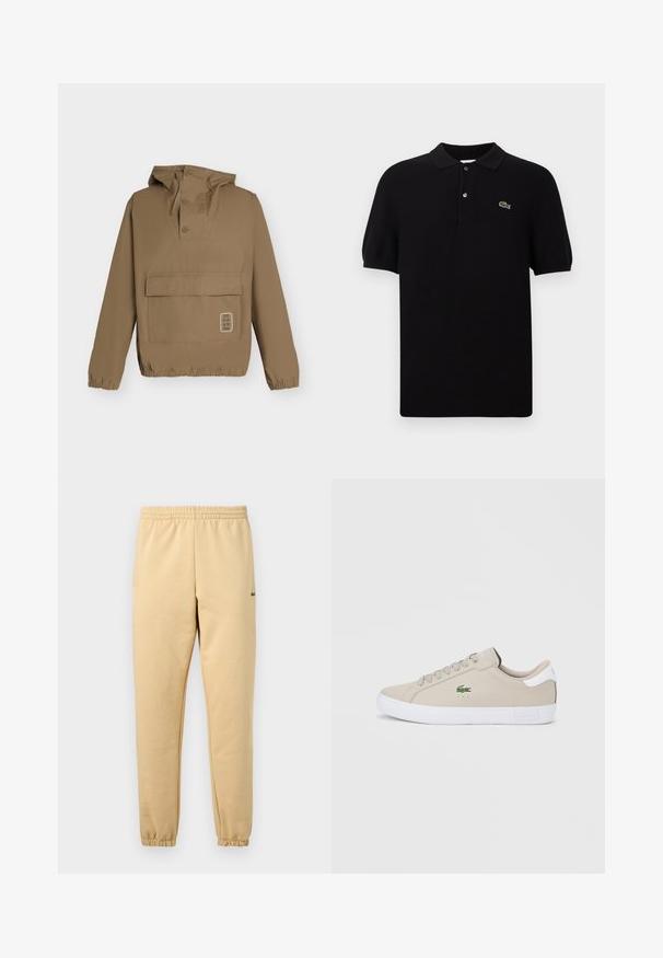 Veste à capuche marron avec boutons sur le col avant, grande poche à rabat, poignets et ourlet élastiques, présentée sur un fond clair.; Polo noir en tissu tricoté, doté d'un col classique, de trois boutons et d'un logo de crocodile vert sur le côté gauche. Manches courtes.; Pantalon de jogging beige avec taille élastique et poignets, arborant un petit logo crocodile vert brodé sur la cuisse droite.; Baskets synthétiques beiges à bout rond, semelle en caoutchouc blanche, et design à lacets. Dotées d'un logo Lacoste vert sur le côté et d'un accent de talon contrastant.