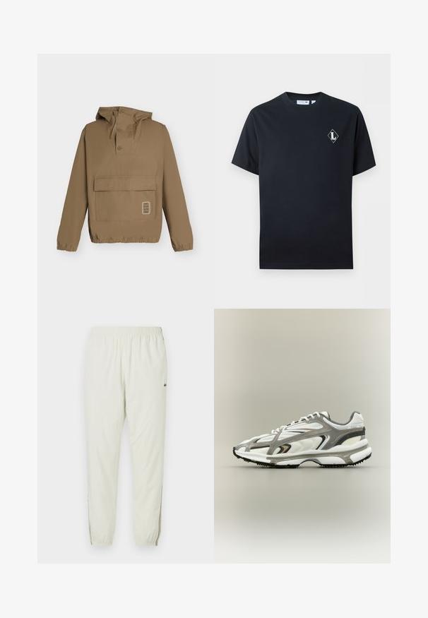 Veste à capuche marron avec boutons sur le col avant, grande poche à rabat, poignets et ourlet élastiques, présentée sur un fond clair.; T-shirt noir à manches courtes et col rond avec un petit logo blanc en forme de diamant contenant la lettre "L" sur le côté gauche de la poitrine.; Jogging léger crème avec une taille élastique, des chevilles resserrées, des fentes latérales et un petit logo vert sur la cuisse supérieure.; Chaussure de sport avec une tige en mesh blanc, des accents gris, une semelle en caoutchouc noire et un design épuré. Elle présente des lacets et des détails texturés.