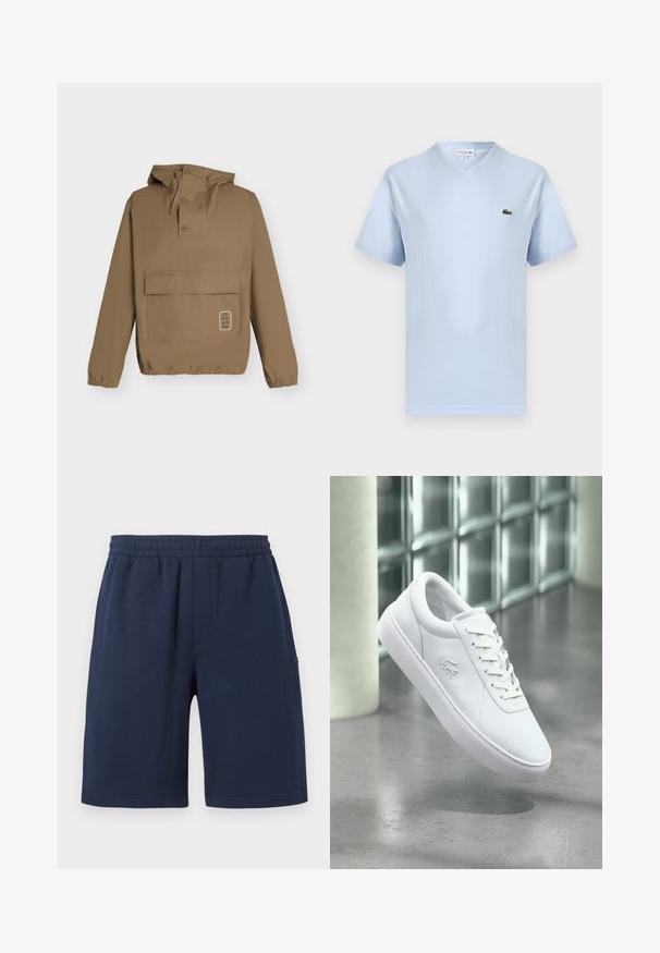 Veste à capuche marron avec boutons sur le col avant, grande poche à rabat, poignets et ourlet élastiques, présentée sur un fond clair.; T-shirt bleu clair à col en V et manches courtes avec petit logo crocodile vert Lacoste sur le côté gauche de la poitrine.; Shorts de sport bleu marine avec taille élastique et poches latérales, longueur au genou, de design uni, présentés sur un fond blanc.; Baskets basses blanches avec un design à lacets et un logo crocodile en relief, positionnées au-dessus d'un sol gris poli avec un mur en blocs de verre en arrière-plan.
