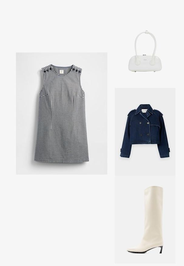 CLOSED CROPPED TRENCH - Jeansjacke - dark blue; Ärmelloses navyblaues und weißes Karokleid mit rundem Ausschnitt und Knopfdetails an beiden Schultern, flach auf einem weißen Hintergrund ausgelegt.; Knielanger weißer Stiefel aus glattem Material mit spitzer Spitze und schlankem schwarzem Absatz. Verfügt über ein schlichtes Design und minimale Markenkennzeichnung.; Weiße Handtasche aus Lackleder mit doppelten, abgerundeten Griffen, silberfarbigem Reißverschluss und dezentem "estro"-Logo auf der Vorderseite.