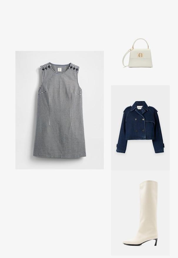 CLOSED CROPPED TRENCH - Denimová bunda - dark blue; Bezrukávové šaty v námorníckej modrej a bielej kárované vzory s okrúhlym výstrihom a gombíkovými detailmi na oboch pleciach, položené na bielom pozadí.; Biele čižmy po kolená vyrobené z hladkého materiálu s špicatou špičkou a úzkym čiernym podpätkom. Majú čistý dizajn a minimálne značkové označenie.; Malá biela kabelka s horným uchom, odnímateľným ramenným popruhom a zlatou obdĺžnikovou prackou na prednej plisni.