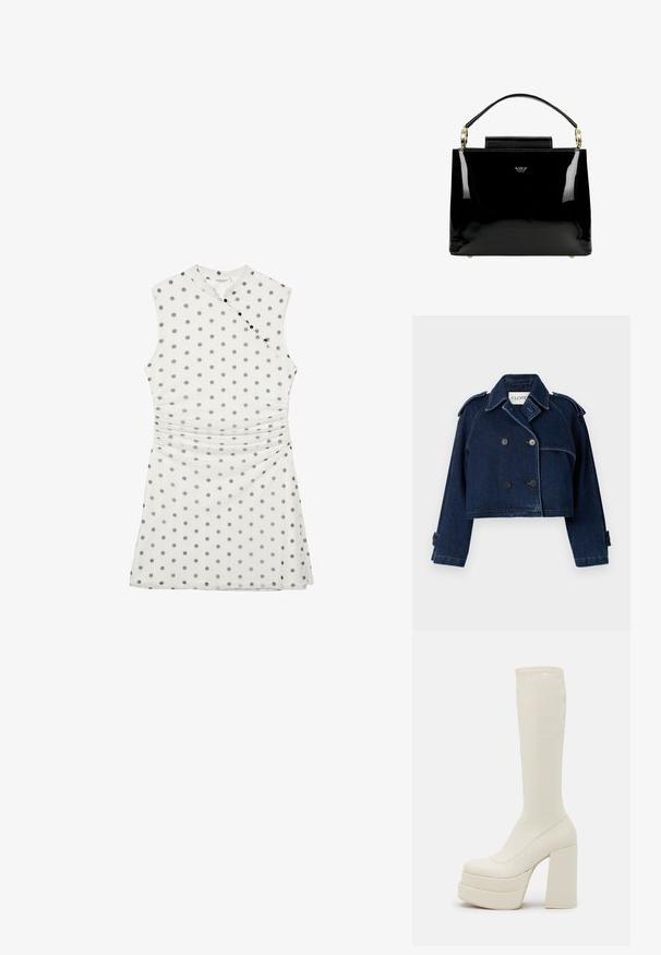CLOSED CROPPED TRENCH - Veste en jean - dark blue; Robe blanche sans manches à pois gris, devant croisé avec boutons noirs et taille froncée.; Steve Madden CYPRESS - Bottes à plateau - off white; Sac à main en cuir verni noir avec un design structuré, comportant une poignée supérieure, des accents en métal doré et un petit rabat à l'avant.