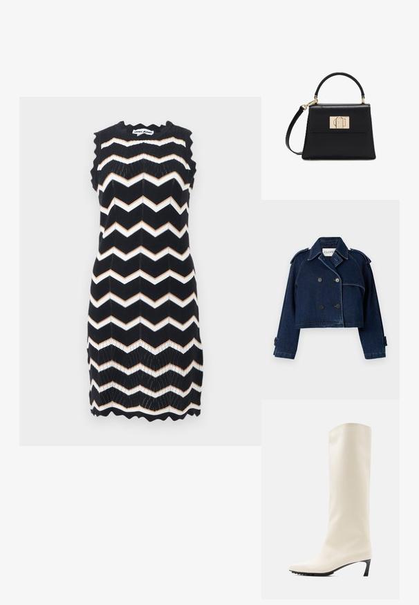 CLOSED CROPPED TRENCH - Denimová bunda - dark blue; Čierne pletené šaty bez rukávov s bielymi a béžovými cikcak pruhmi, s vlnitými okrajmi a značkou DKNY Jeans na krku.; Biele čižmy po kolená vyrobené z hladkého materiálu s špicatou špičkou a úzkym čiernym podpätkom. Majú čistý dizajn a minimálne značkové označenie.; Čierna kožená kabelka s horným držadlom, odnímateľným ramenným popruhom a zlatou obdĺžnikovou sponou na prednej klapke.