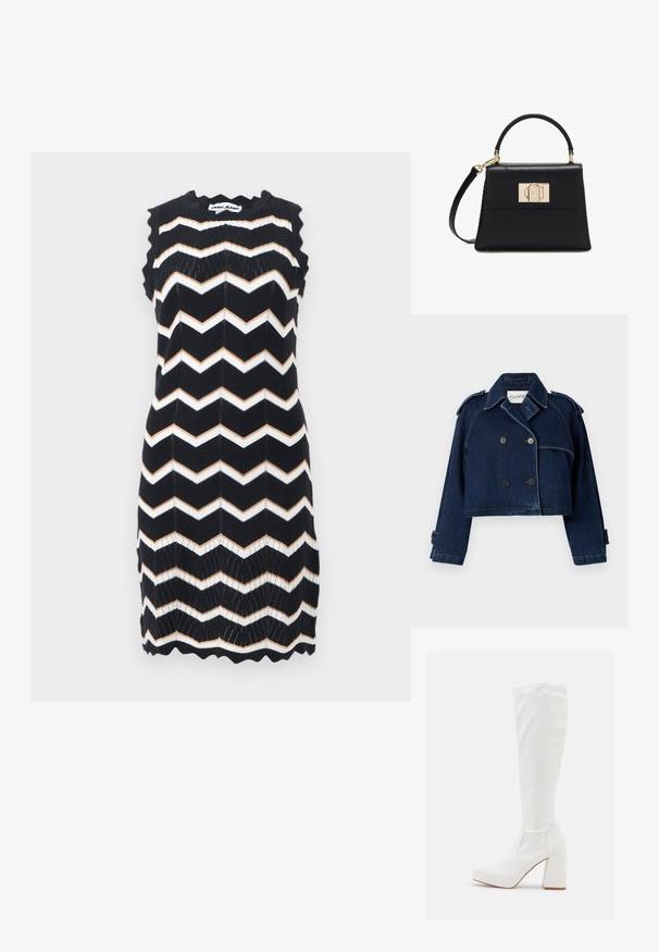 CLOSED CROPPED TRENCH - Cowboyjakker - dark blue; Ærmeløs sort strikket kjole med hvide og beige zigzag-striber, bølgede kanter og DKNY Jeans-mærke ved nakken.; RAID CANNON - Plateaustøvler - white; Sort læderhåndtaske med tophåndtag, aftagelig skulderrem og gyldent rektangulært spænde på den forreste klap.