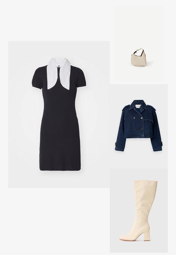 CLOSED CROPPED TRENCH - Cowboyjakker - dark blue; Marineblå tætsiddende kjole med korte ærmer og en hvid, oversized krave. Har en knaplukning foran. Blødt, strikket stof.; Cremefarvet knælange støvle med blokhæl og glat overflade, vist i sideprofil på en ensfarvet baggrund.; Beige læder håndtaske i halvmåneform med en enkelt skulderrem og minimal syning, sat mod en ensartet hvid baggrund.