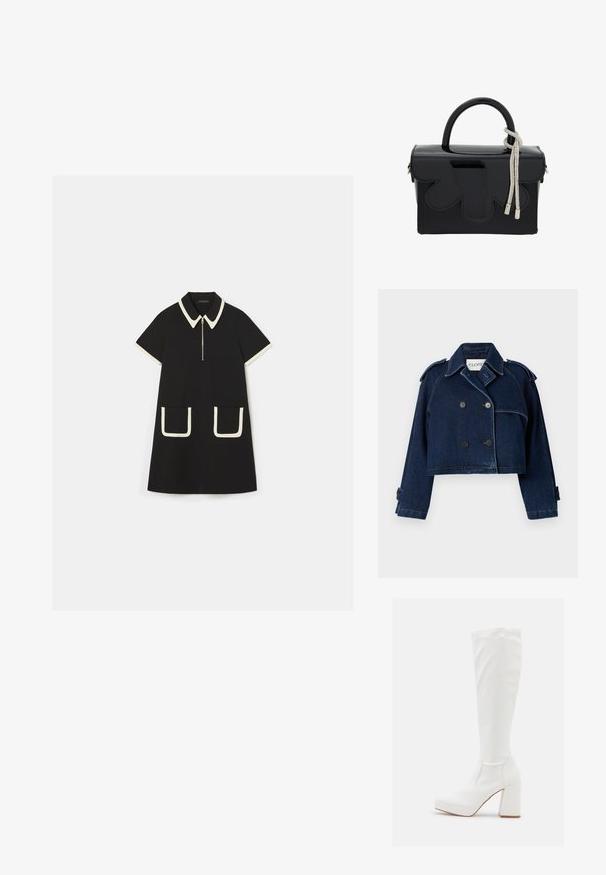 CLOSED CROPPED TRENCH - Cowboyjakker - dark blue; Sort kjole med korte ærmer, kontrastfarvet hvid krave og kant, lynlås lukning og to store frontlommer med hvid kant.; RAID CANNON - Plateaustøvler - white; Glansende sort håndtaske med en struktureret form, der har en top-håndtag, dekorativt sølvkvast og bølgede detaljer på fronten.
