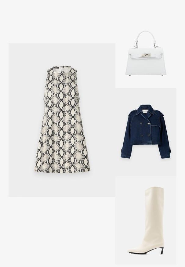 CLOSED CROPPED TRENCH - Spijkerjas - dark blue; Een mouwloze jurk met een beige en zwart slangenleerpatroon, voorzien van een ronde halslijn en een ritssluiting aan de achterkant.; Witte laars tot aan de knie, gemaakt van glad materiaal met een spits toelopende neus en een slanke zwarte hak. Heeft een strak ontwerp en minimale branding.; Witte leren handtas met een gestructureerd ontwerp, handvat aan de bovenkant en zilveren hardware, voorzien van een gesp-sluiting en subtiele stiksels.