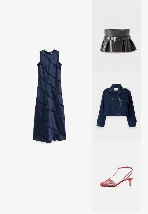 CLOSED CROPPED TRENCH - Cowboyjakker - dark blue; Langærmet, mørkeblå kjole uden ærmer med høj halsudskæring og diagonale teksturerede striber på stoffet.; Rød sandal med lav hæl og tynde stropper, T-formet rem, spænde ved anklen og flettet design over tåområdet på hvid baggrund.; Sort læder taljekorsettbælte med sølv spænde og en udvidet, plisseret nederste kant.