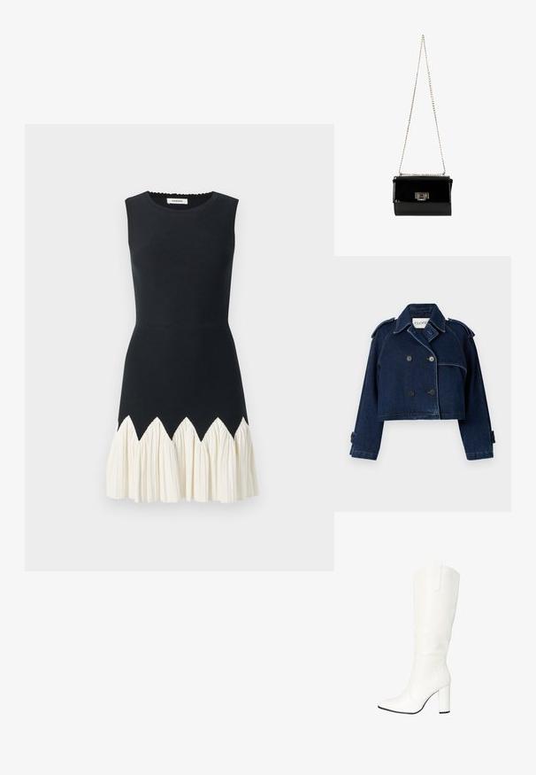 CLOSED CROPPED TRENCH - Cowboyjakker - dark blue; Ermeløs kjole med en tætsiddende sort bodice, cremefarvet flæseafslutning med et zigzag-mønster. Glat tekstur, rund halsudskæring, længde til midt på låret.; Salinyang Høje støvler/ Støvler - weiss; Sort patentlæder håndtaske med en guldkæde-strop, rektangulær form, med en frontklaplukning og et metallisk logo-accent.