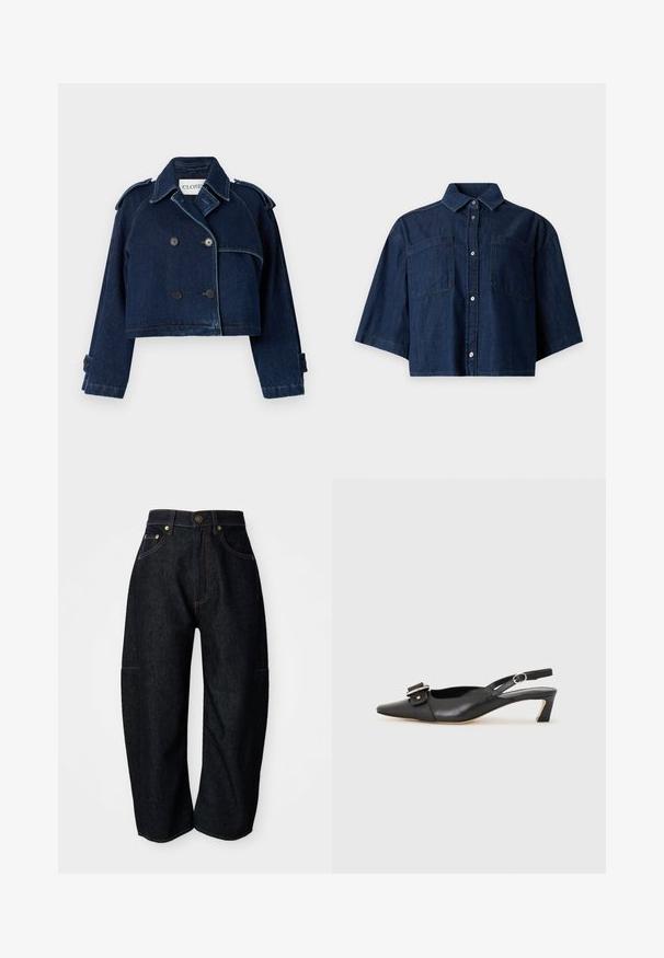 CLOSED CROPPED TRENCH - Jeansjacke - dark blue; Dunkelblaues, kurz geschnittenes Denimhemd mit kurzen, weiten Ärmeln, zwei vorderen Brusttaschen und durchknöpfter Vorderseite vor hellem Hintergrund.; Dunkelblaue Jeans mit entspannter Passform, ausgestattet mit dezenten orangefarbenen Nähten, Fronttaschen und einem flachen Bund mit Knopfverschluss.; Schwarzer Leder Slingback-Schuh mit spitzer Zehenform, kleinem Absatz und dekorativem Schnallen-Detail auf dem Obermaterial. Glatte Textur, minimalistisches Design.