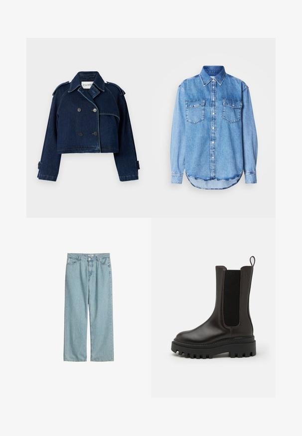 CLOSED CROPPED TRENCH - Cowboyjakker - dark blue; Denimskjorte i lys blå farve med klassisk krave, knaplukning foran, to brystlommer og rundet kant med syningsdetaljer.; Lyseblå denimjeans med løs pasform, lige bendesign, to forlommer og lukning med knap og lynlås.; Brune læder ankelstøvler med et struktureret elastikpanel, tykk sort gummisål og trækstrop. Slankt design med minimal syning.