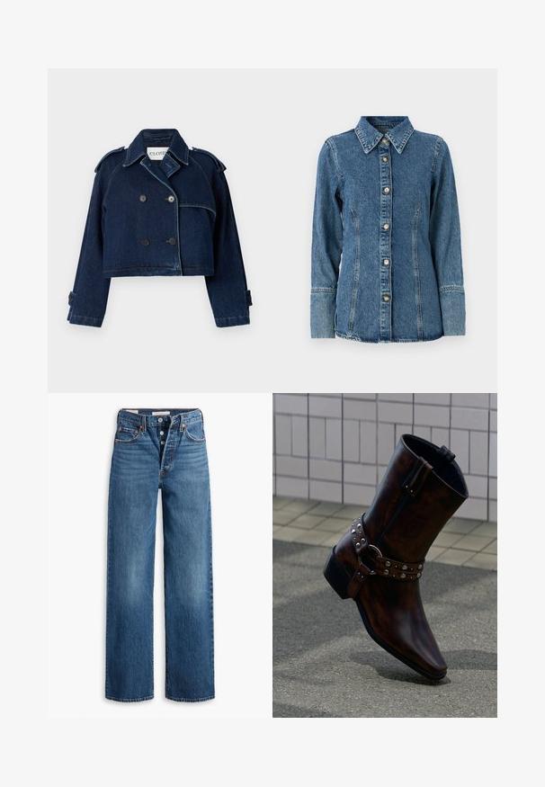 CLOSED CROPPED TRENCH - Denimová bunda - dark blue; Denimová košeľa v stredne modrej farbe, s klasickým golierom, dlhými rukávmi, zapínaním na gombíky a kontrastným prešívaním na švoch.; Modré džínsy s širokými nohavicami, piatimi vreckami, zapínaním na gombíky a kontrastným prešívaním. Štruktúrovaná tkanina s vyblednutým povrchom.; Tmavohnedá kožená členková čižma so striebornými cvokmi a detailom na remienku, zobrazená na pozadí s dlaždicovou stenou a betónovou podlahou.