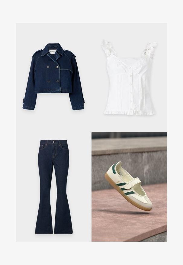 CLOSED CROPPED TRENCH - Cowboyjakker - dark blue; Hvid ærmeløs bluse med flæse stropper og kant, knapper foran og lodrette syede plisser på begge sider.; Mørkeblå denimjeans med høj talje, forreste knap og lynlås, klassisk fem-lomme-stil og udvidede ben.; Hvid lædersko med grønne striber, rund tå, fastgjort med en rem. Gummisål, minimalistisk design, hævet syning langs de øvre kanter.