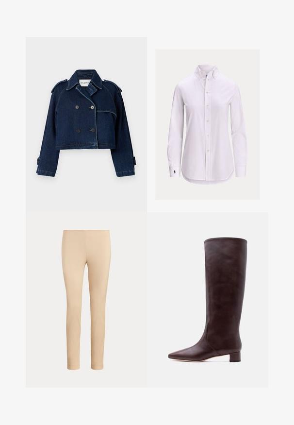 CLOSED CROPPED TRENCH - Cowboyjakker - dark blue; Hvid langærmet skjorte med knapper foran, knappet krave og lille broderet logo på venstre manchet.; Beige slim-fit ankellange bukser med en glat finish og uden synlige lommer eller pynt på en ensfarvet baggrund.; Høj brun læderstøvle med spids tå og lav blokhæl, stående opret på en ensartet lys baggrund.