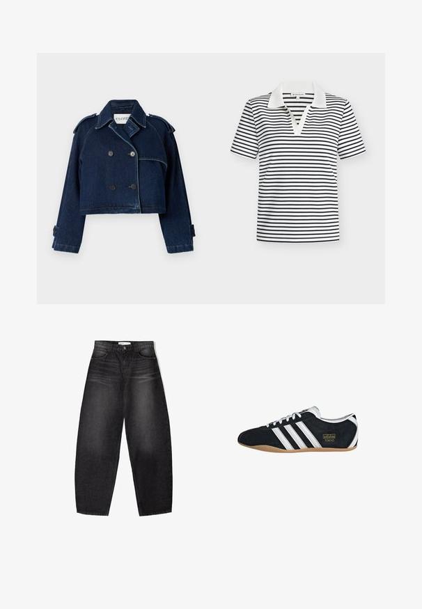 CLOSED CROPPED TRENCH - Cowboyjakker - dark blue; Stribet polo i sort og hvid med kontrastfarvet hvid krave, korte ærmer og V-hals. Tekstureret stof.; Højtaljede sorte denimjeans med en afslappet pasform, subtil brænding, fem-lommer design og knaplukning. Glat tekstur hele vejen igennem.; Sort ruskinds sneaker med hvide tre striber, guldlogo og en brun gummisål. Har et lavprofil snørebåndsdesign.