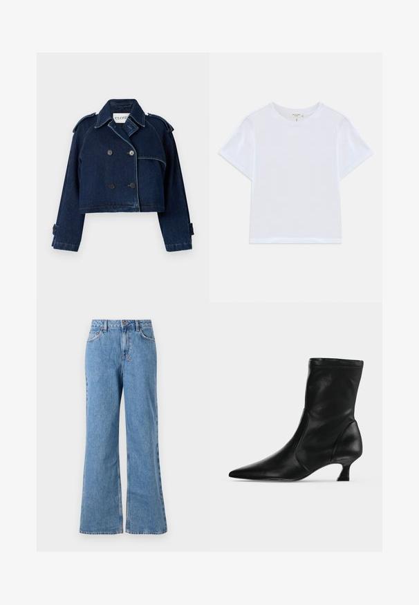 CLOSED CROPPED TRENCH - Spijkerjas - dark blue; Witte cropped t-shirt van zacht katoen, met een ronde hals en korte mouwen in een iets ontspannen pasvorm. Geen patronen of accenten.; Lichtblauwe denim wide-leg jeans met een hoge taille, voorzien van een knoop- en ritssluiting, zijzakken en een vervaagde textuur.; Zwarte leren midkuitlaars met spitse neus en lage kittenhak, zijaanzicht op een effen lichte achtergrond.