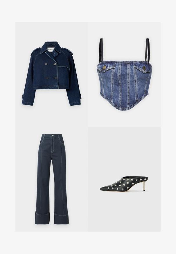 CLOSED CROPPED TRENCH - Spijkerjas - dark blue; Denim korset top met lichtblauwe stof, gestructureerd ontwerp, twee borstzakken en verstelbare zwarte bandjes. Accenten in goudkleurig metaal.; Donkerblauwe wijde jeans van denim, met contrasterende witte stiksels en een omgeslagen zoom. Hoog in de taille met twee voorzakken.; STAND STUDIO KELSEY - Muiltjes met hak - black