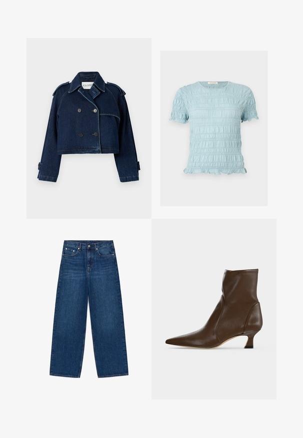 CLOSED CROPPED TRENCH - Jeansjacke - dark blue; Hellblaue Kurzarmbluse mit strukturierter, geraffter Stoffqualität, rundem Ausschnitt und Rüschensäumen an Ärmeln und Saum.; Blaue Jeans mit weitem Bein, Five-Pocket-Design und Knopfverschluss, flach auf weißem Hintergrund präsentiert.; Brauner Lederknöchelstiefel mit spitzer Spitze und niedrigem, geschwungenem Absatz auf hellem Hintergrund.
