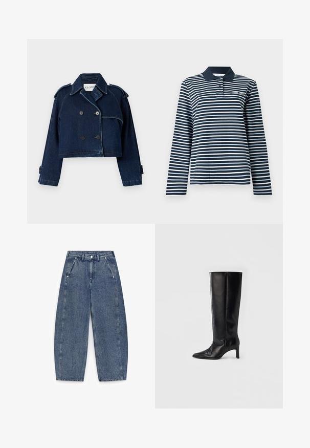CLOSED CROPPED TRENCH - Denimová bunda - dark blue; Tričko s dlhým rukávom v námorníckej modrej a bielej pruhovanej farbe, z bavlnenej látky, s golierom na gombíky a malým logom na hrudi.; Modré rifle z denimového materiálu s vysokým pásom a širokými nohavicami, vybavené prednými šikmými vreckami, pútkami na opasok a zapínaním na gombík v páse.; Čierne čižmy po kolená z hladkej kože, so špicatou špičkou a úzkym podpätkom, s priliehavou časťou na nohe a minimalistickým dizajnom.