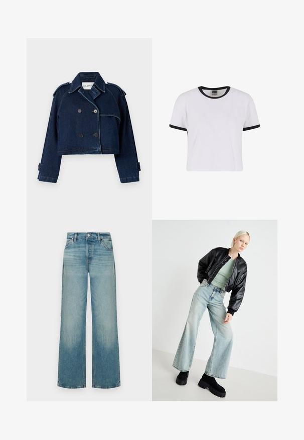 CLOSED CROPPED TRENCH - Cowboyjakker - dark blue; Hvid kortærmet t-shirt med sort ribbet krave og ærmekanter. Fremstillet af et glat bomuldsstof, den har en klassisk pasform.; Lyseblå højtaljede vidde jeans med forreste knap- og lynlås-lukning samt forlommer, vist på en ensfarvet baggrund.; Sort læder bomberjakke, lys grøn tætsiddende top, lyseblå vide jeans og kraftige sorte platform støvler. Glatte teksturer og kontrasterende farver.