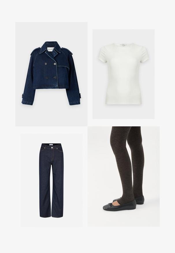 CLOSED CROPPED TRENCH - Veste en jean - dark blue; T-shirt ajusté blanc uni à manches courtes avec encolure ronde, présenté sur un fond neutre.; Jean large bleu foncé en denim, avec de grandes poches, des coutures oranges contrastées et une fermeture à bouton à la taille.; Jambes portant des leggings côtelés foncés associés à des ballerines noires avec de petits détails en nœud sur fond blanc.