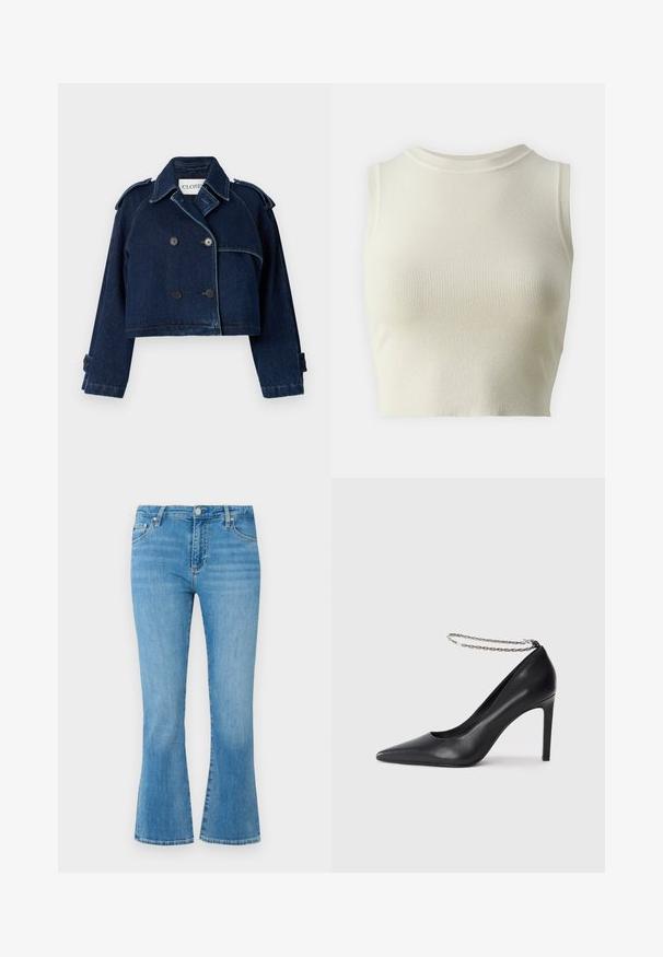 CLOSED CROPPED TRENCH - Cowboyjakker - dark blue; Lys beige ribbet ærmeløs top med høj hals og tætsiddende design, der har en blød tekstur og et ensartet mønster gennem stoffet.; Lyseblå denim flared jeans med høj talje, forlommer og en falmet vask. Har en metalspænde lukning og kontraststing.; Sorte læder højhælede pumps med spids tå, der har en tynd sølvkæde ankelrem og en slank, glat tekstur.
