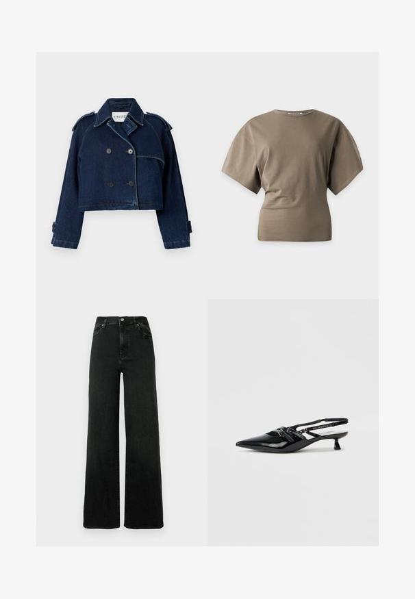 CLOSED CROPPED TRENCH - Cowboyjakker - dark blue; Taupe kortærmet tætsiddende T-shirt med rund hals og let strukturerede skuldre på en ensartet lys baggrund.; Sorte jeans med vide ben lavet af denim. Høj talje med knaplukning og fem-lomme design. Glat tekstur med minimal falmen.; Sort laklæder slingback-sko med spids tå, lille blokhæl og justerbar rem med udskæringsdetaljer og logoaccenter.